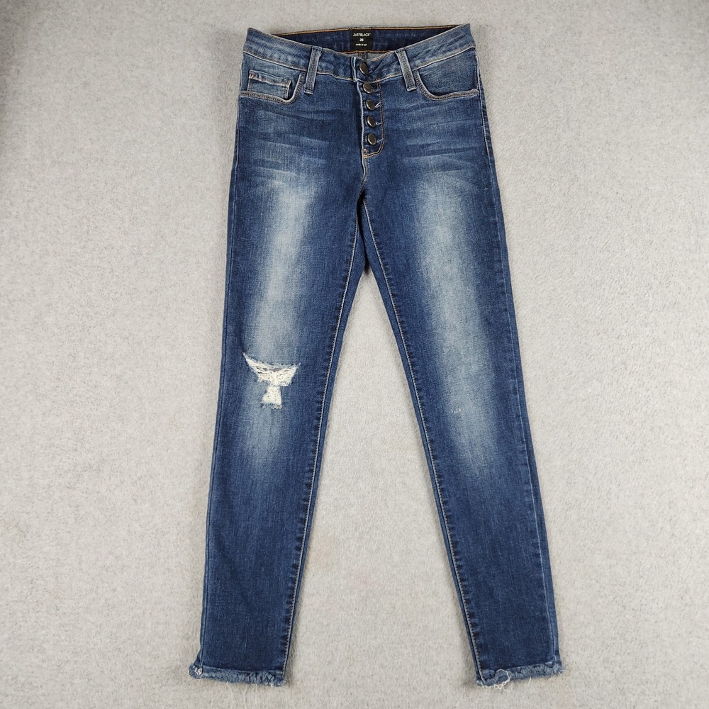 Just Black Jeans Womens 26 Blue Denim Whiskered Distressed Button Fly Raw Hem